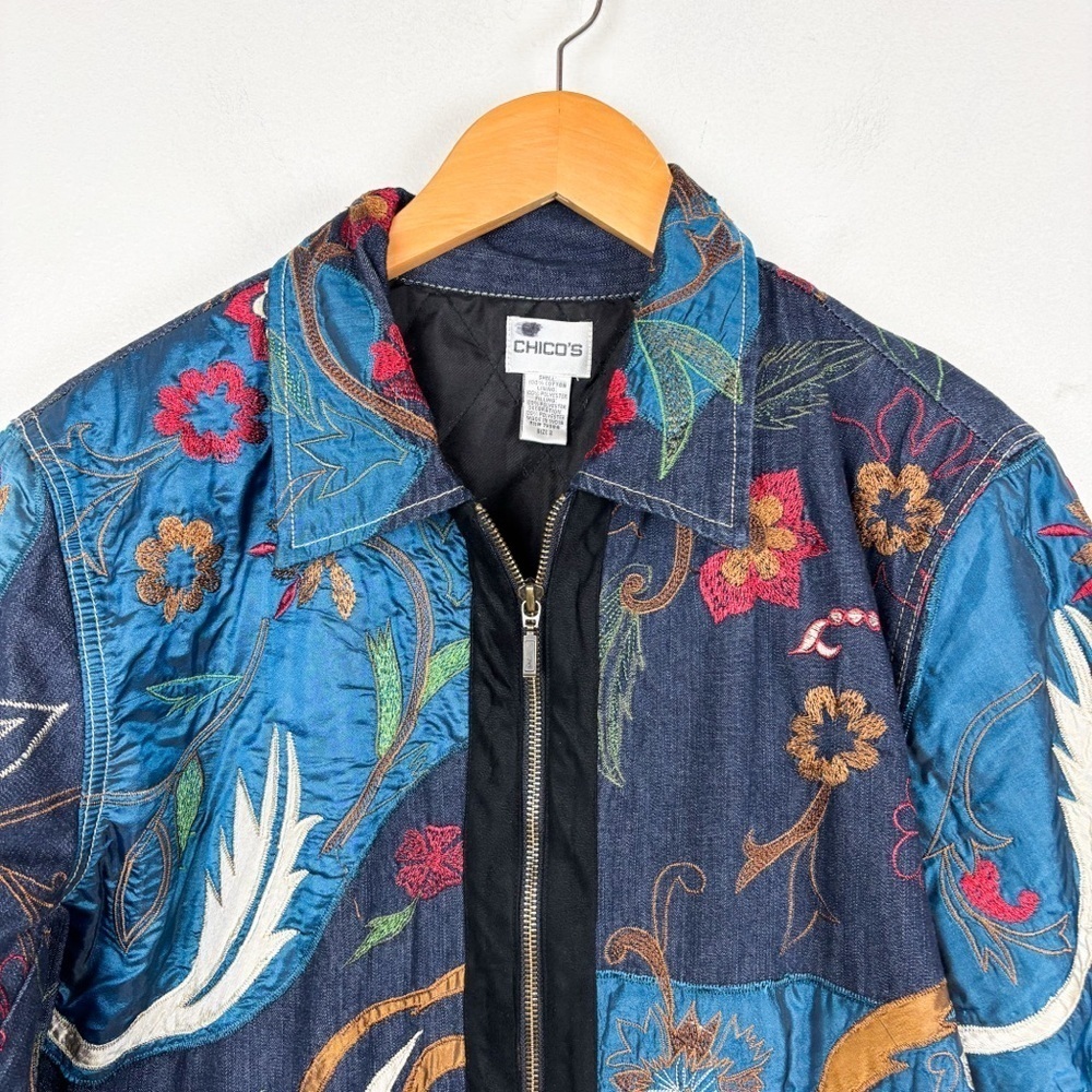 Vintage Y2k 90s Chico’s Eclectic Embroidered Patchwork Denim Jacket Sz 2 (Us L) View 4